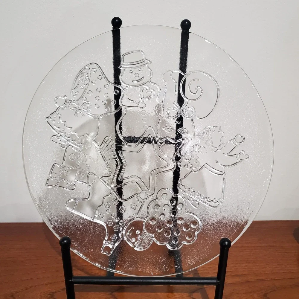 Vintage Clear Glass Christmas‎ Plate Angels Snowman Stars Holiday Decor